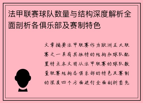 法甲联赛球队数量与结构深度解析全面剖析各俱乐部及赛制特色