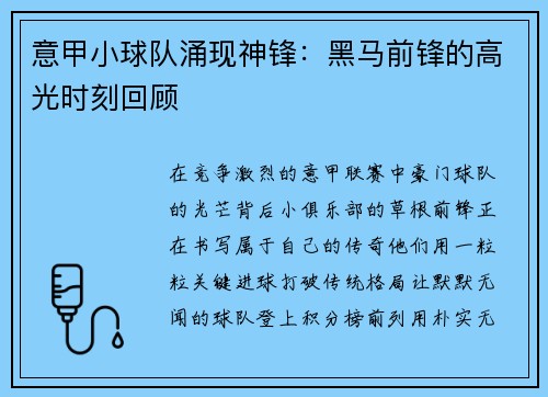意甲小球队涌现神锋：黑马前锋的高光时刻回顾