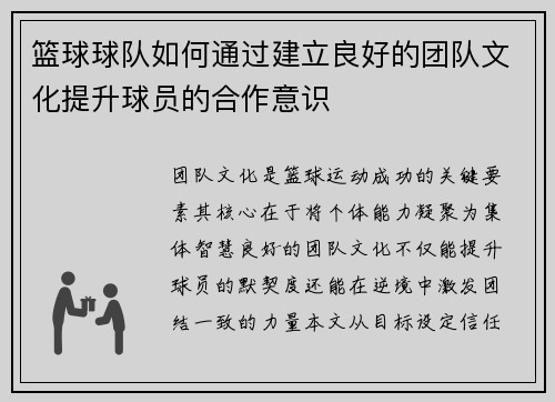 篮球球队如何通过建立良好的团队文化提升球员的合作意识